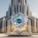 고대 신전 모양의 디지털 데이터 센터 앞에 3세대 AI파워볼의 무결성 문장이 새겨진 거대한 방패가 세워져 있고, 그 주위로 황금빛 신뢰의 오라가 감도는 모습.